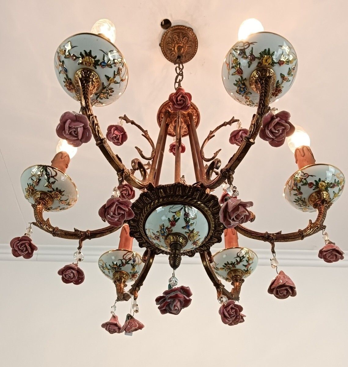 Lovely Italian Chandelier Brass With Porcelain Pink Flowers Romantic 6 Lights VI photo 487.0