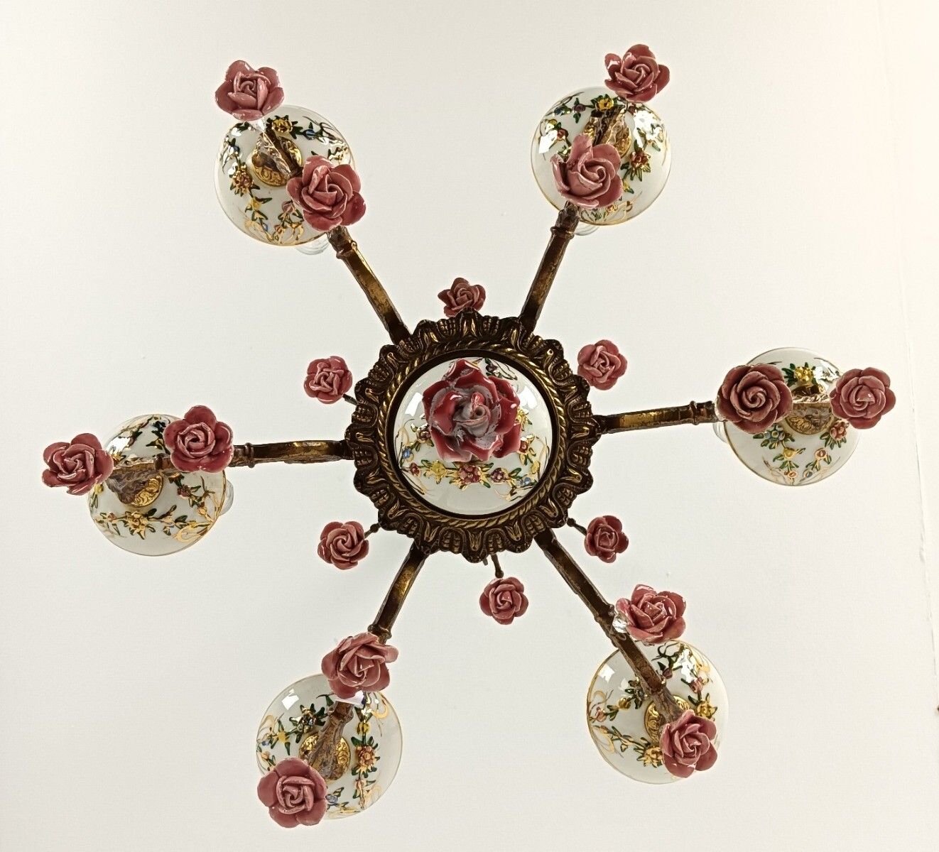 Lovely Italian Chandelier Brass With Porcelain Pink Flowers Romantic 6 Lights VI photo vintage