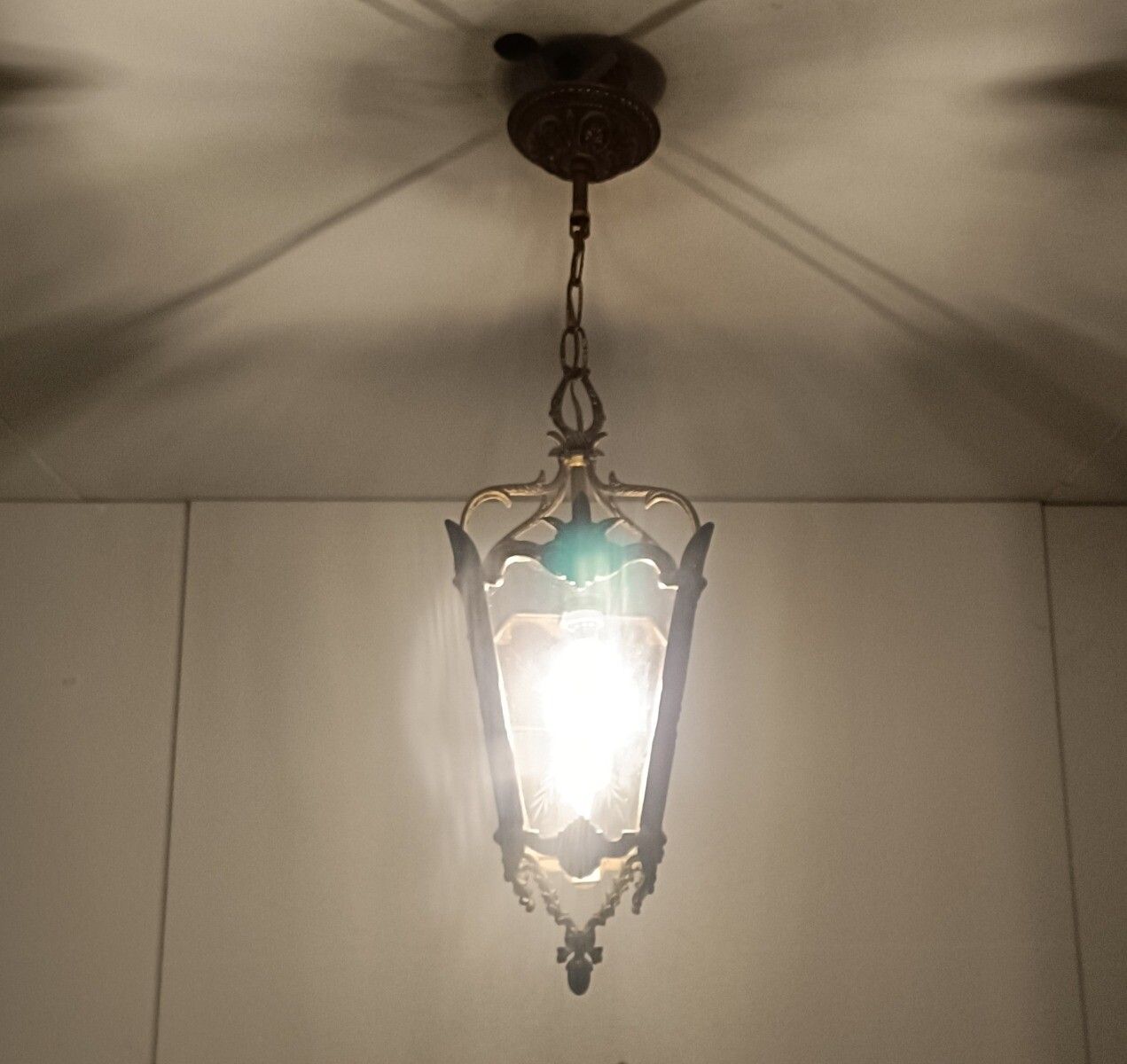 Pendant Lantern Etched Art Glass Ceiling Light Brass Vintage photo furniture