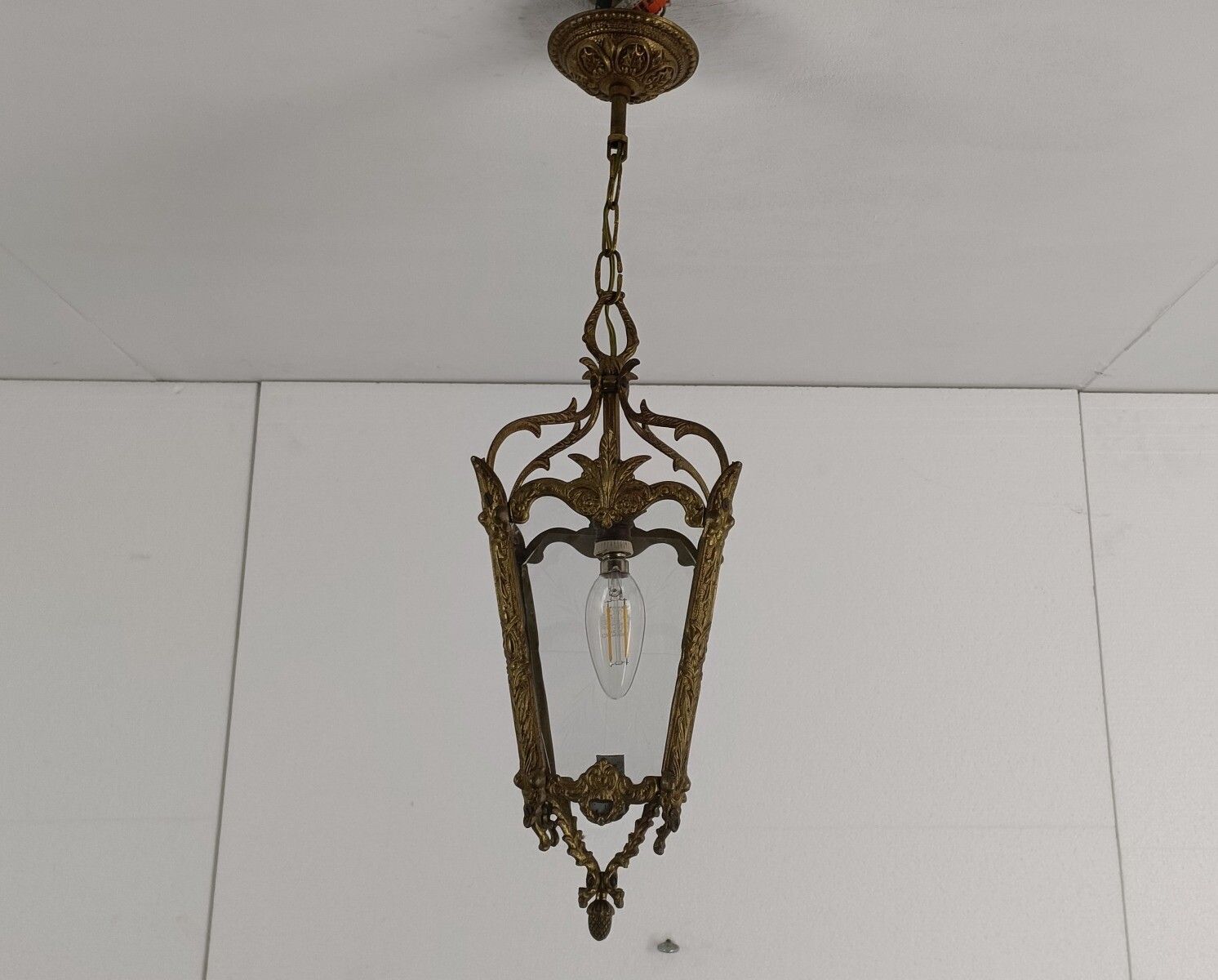Pendant Lantern Etched Art Glass Ceiling Light Brass Vintage photo Lighting