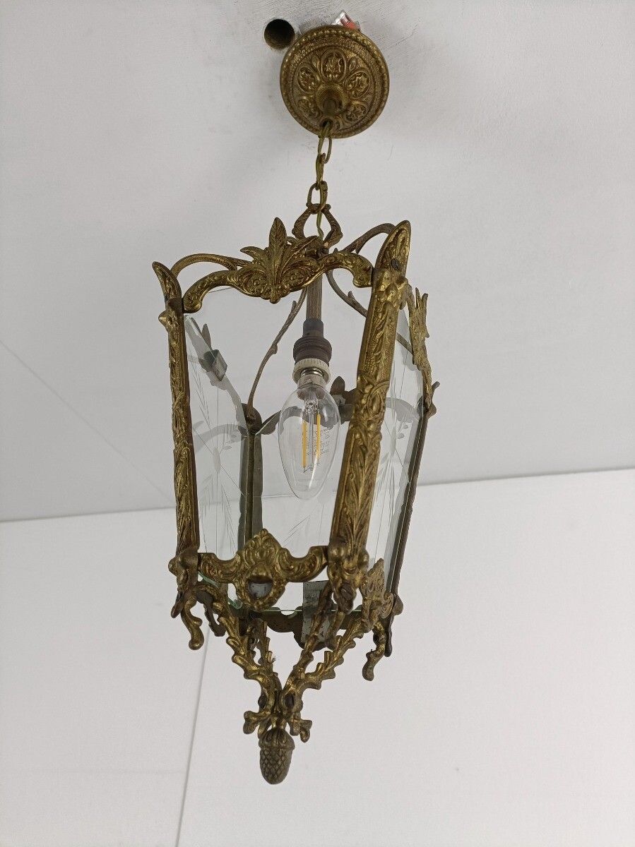 Pendant Lantern Etched Art Glass Ceiling Light Brass Vintage photo vintage