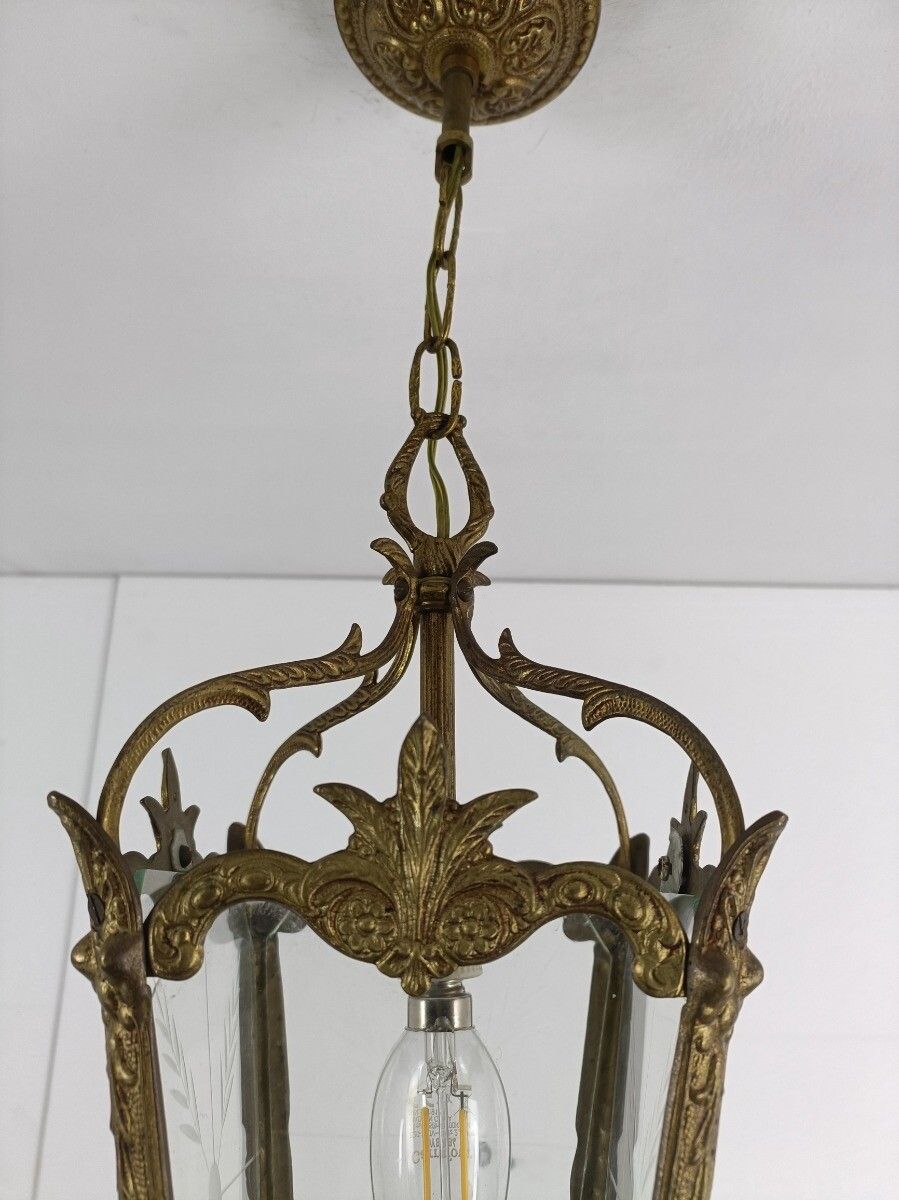 photo furniture Pendant Lantern Etched Art Glass Ceiling Light Brass Vintage