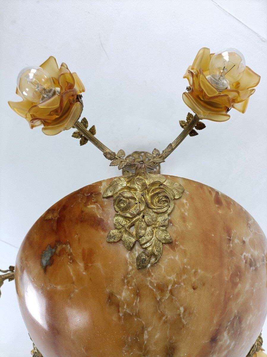 Art Nouveau Pendant Chandelier Alabaster Amber Flower Shades 9 Lights  Antique G photo buy