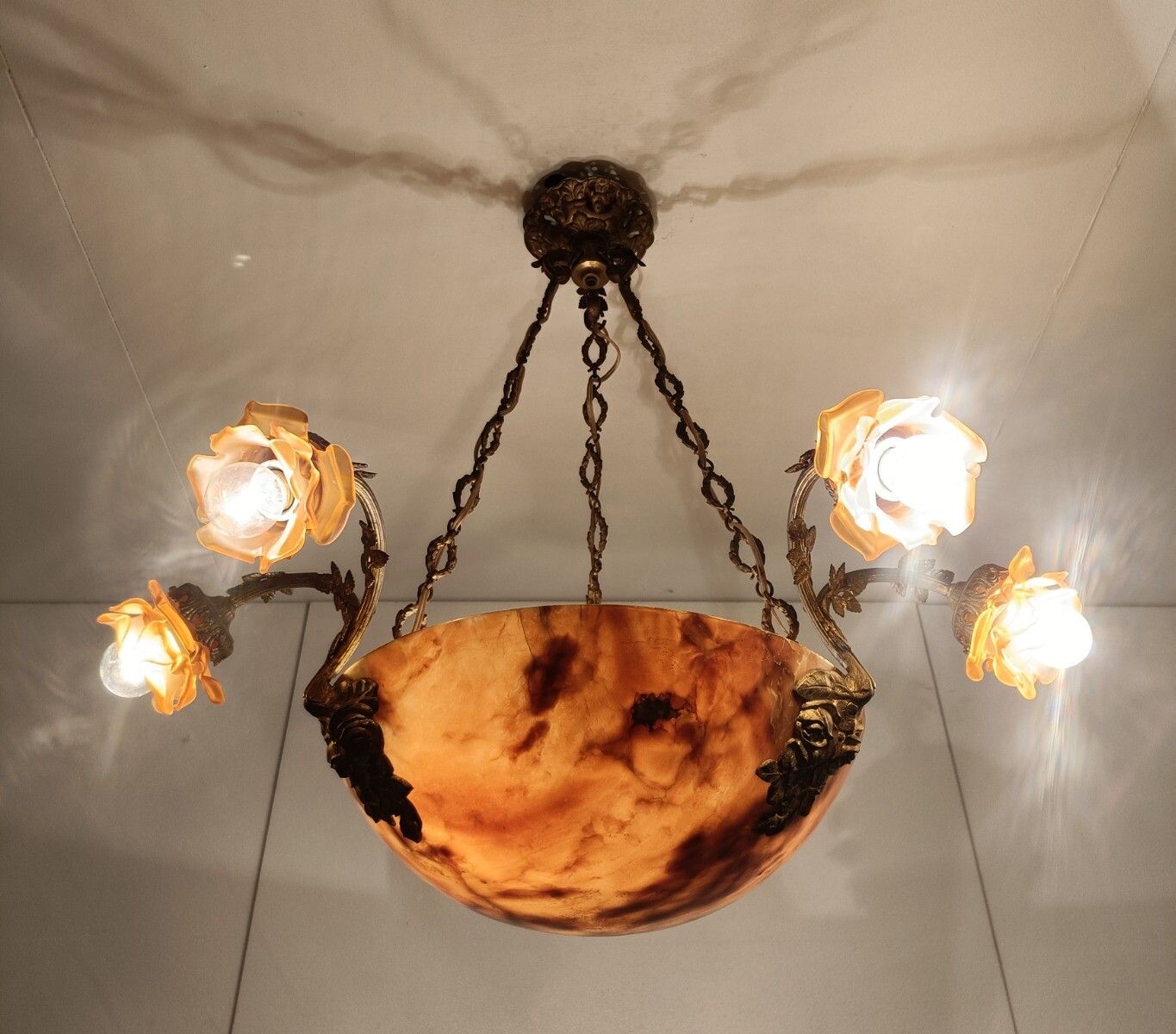 Art Nouveau Pendant Chandelier Alabaster Amber Flower Shades 9 Lights  Antique G photo vintage