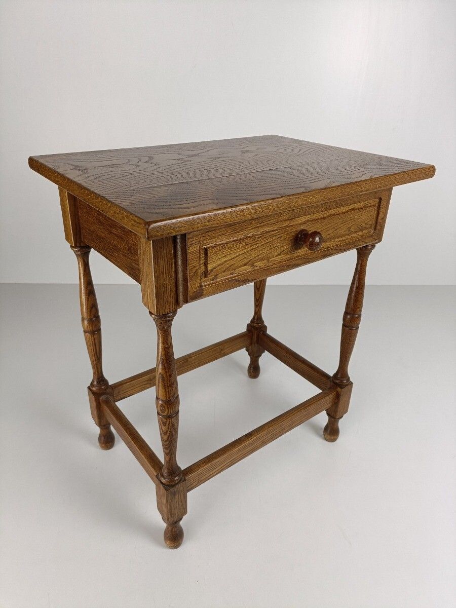 Vintage Oak Carved Wood Side Occasional Table With Drawer Desk Barn Farmhouse St photo furniture