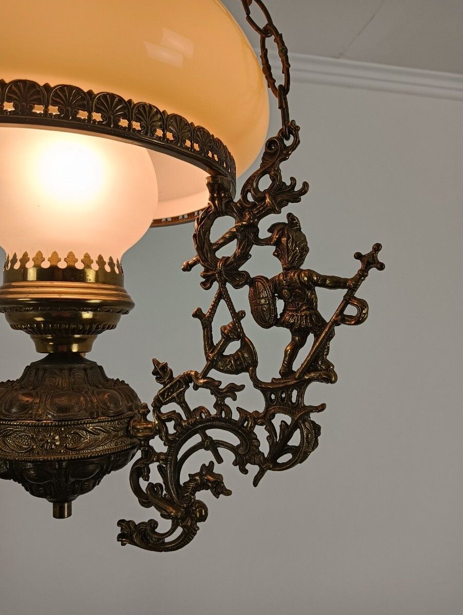 photo for sale Lampe Belge Yellow Amber Glass Shade Brass Knights Dragon Slayers Dragons Antiqu