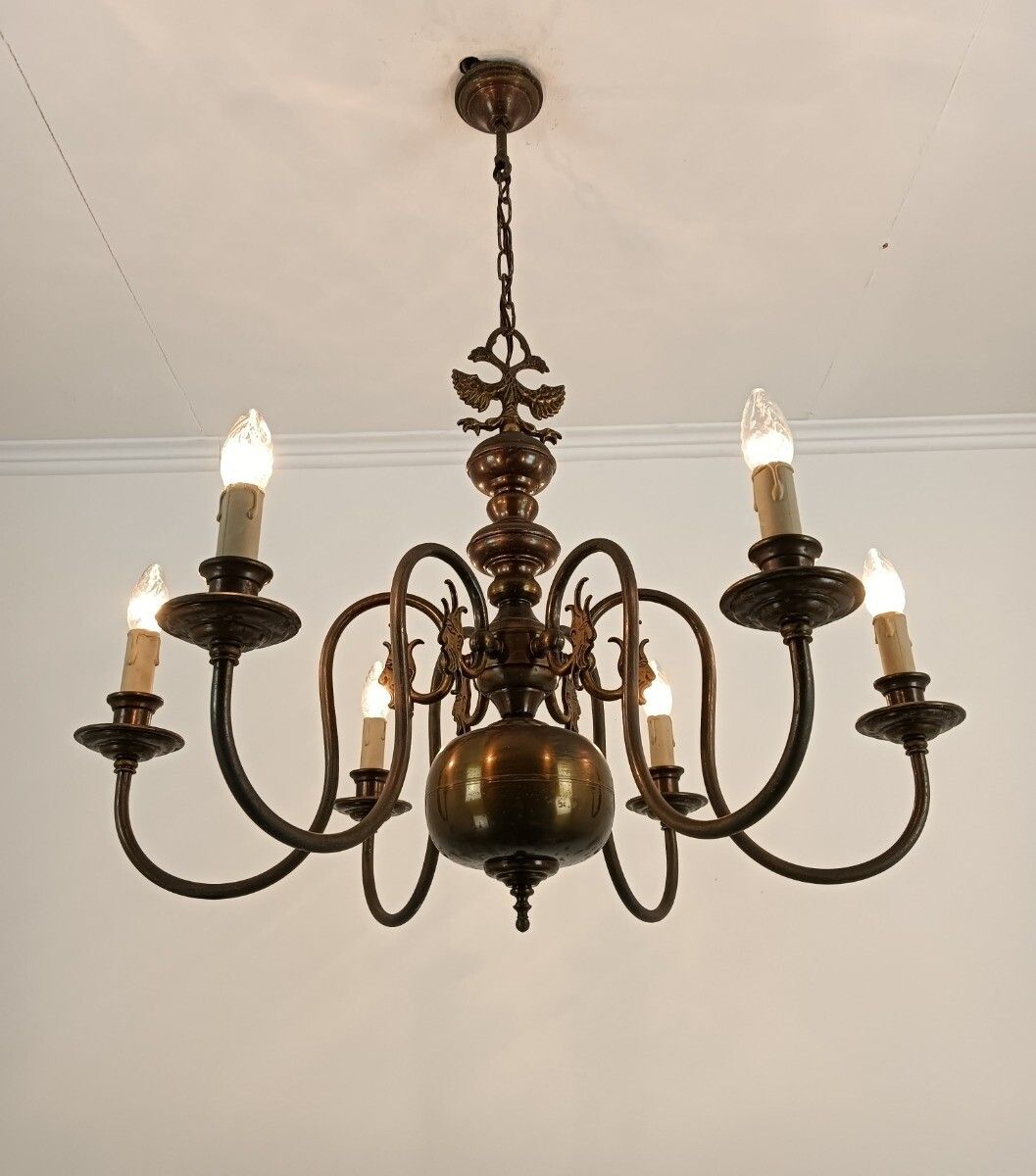Flemish Dutch Chandelier 6 Arm Lights Brass Eagles Faces  Ornate Barn Farmhouse photo furniture