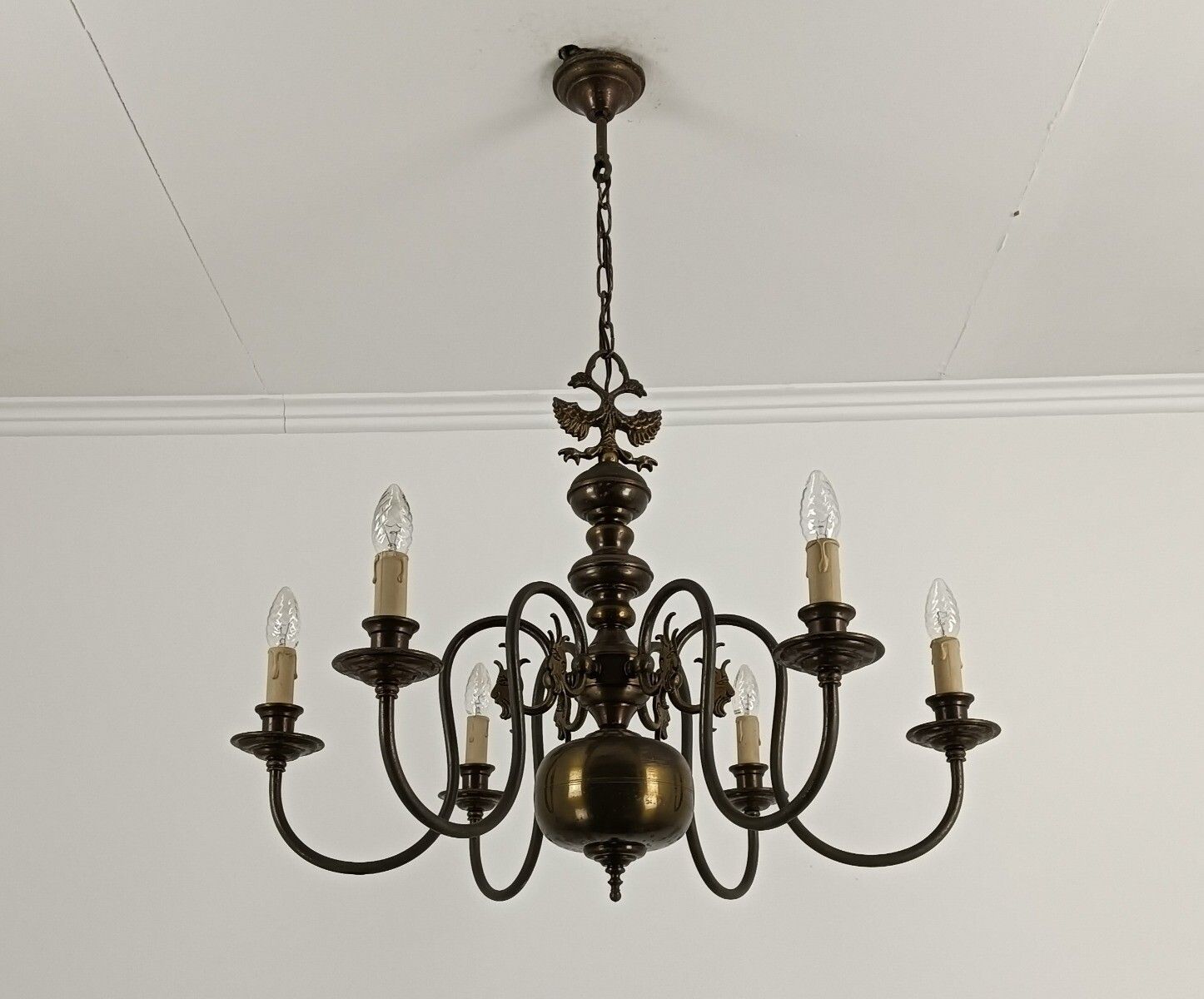 Flemish Dutch Chandelier 6 Arm Lights Brass Eagles Faces  Ornate Barn Farmhouse photo vinterior