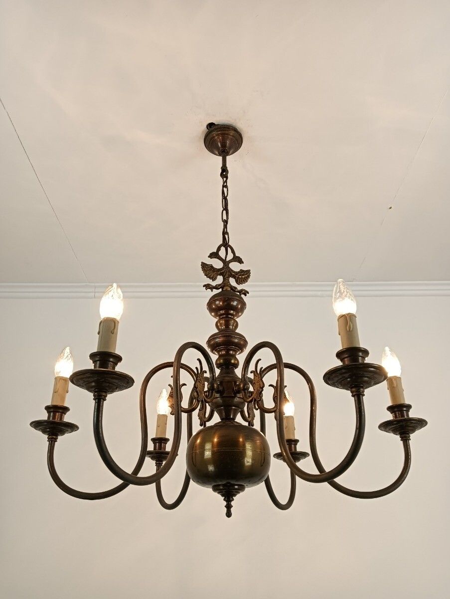 photo furniture Flemish Dutch Chandelier 6 Arm Lights Brass Eagles Faces  Ornate Barn Farmhouse