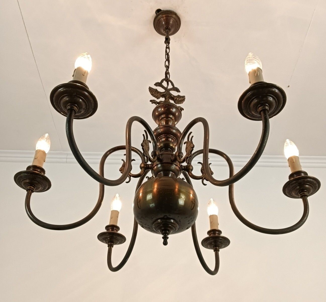 photo for sale Flemish Dutch Chandelier 6 Arm Lights Brass Eagles Faces  Ornate Barn Farmhouse