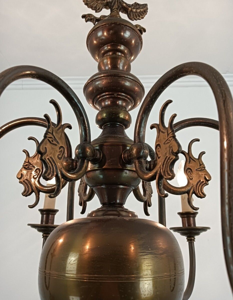 487.0 Flemish Dutch Chandelier 6 Arm Lights Brass Eagles Faces  Ornate Barn Farmhouse photo