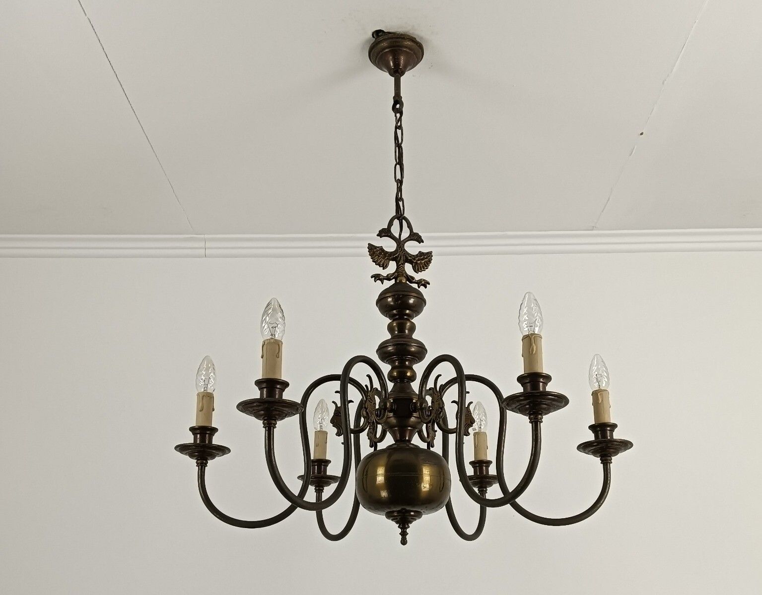 photo buy Flemish Dutch Chandelier 6 Arm Lights Brass Eagles Faces  Ornate Barn Farmhouse