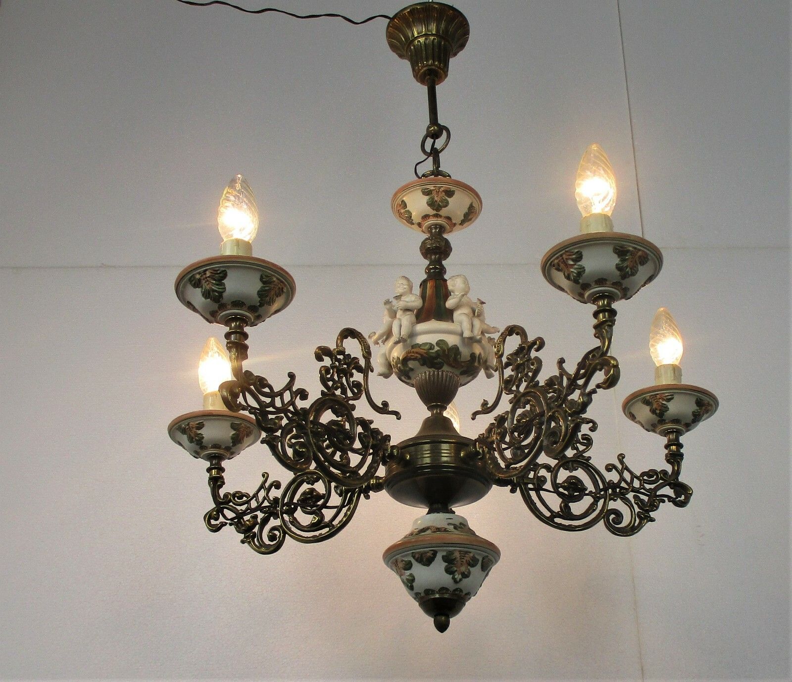 Vintage Capodimonte Style Chandelier 6 Arm Lights Porcelain Putti Cherubs Eros photo 353.0