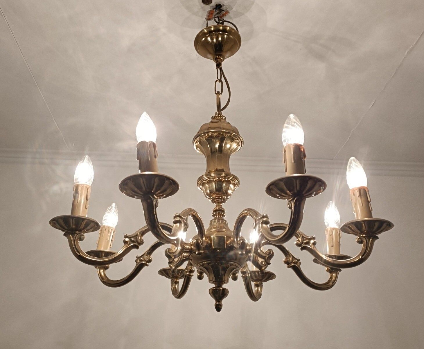 Vintage Brass Chandelier Fixture Ceiling Light 8 Arms Ornate 70s photo for sale