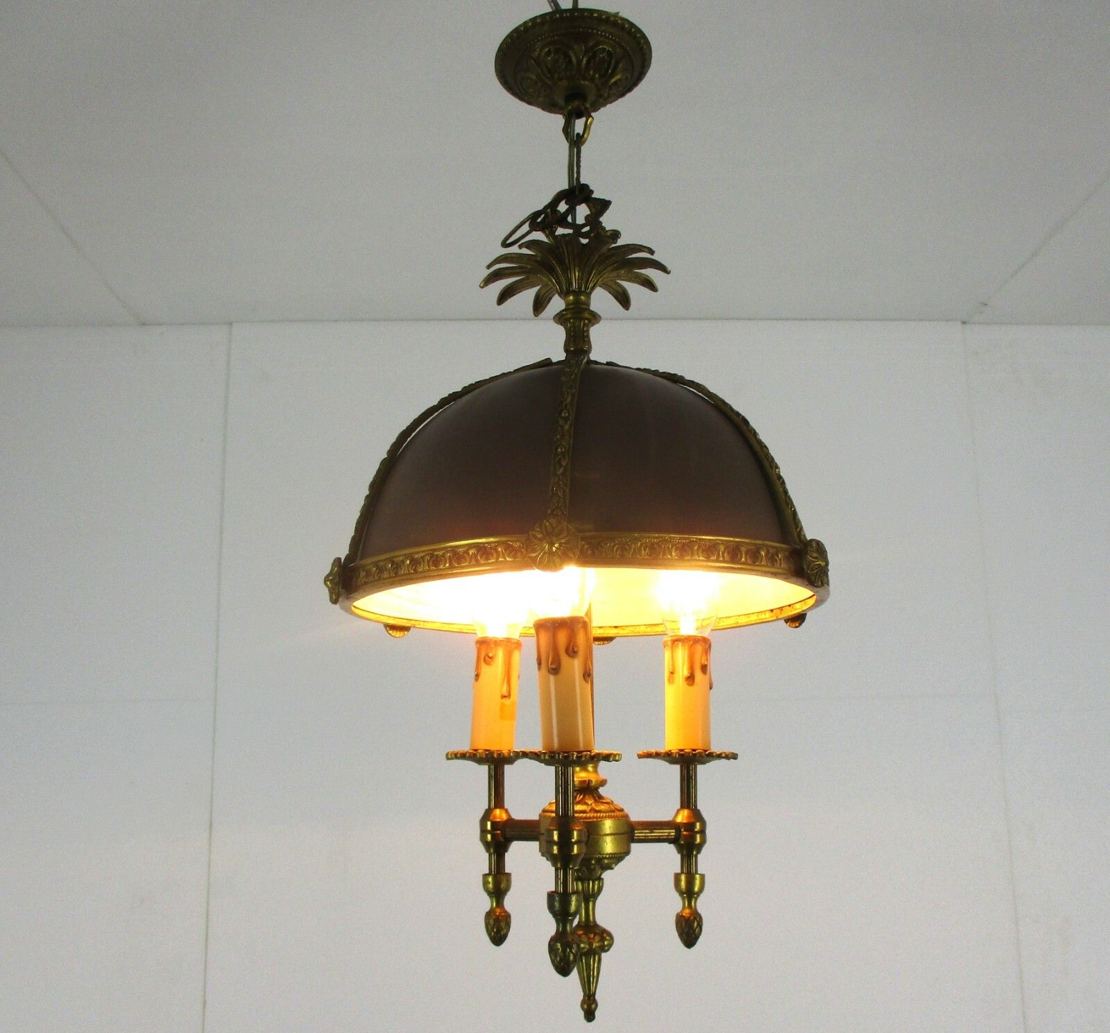 French Empire Bouillotte Chandelier 3 Lights Brown Tole Garlands Guirlandes Rare photo furniture