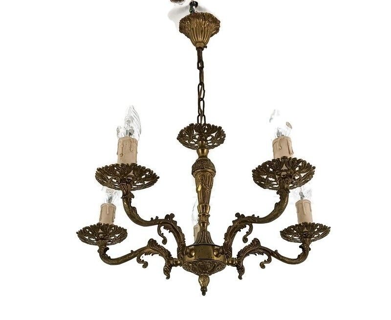 Small Vintage Ornate Brass Chandelier Modernist 5 Lights Fixture