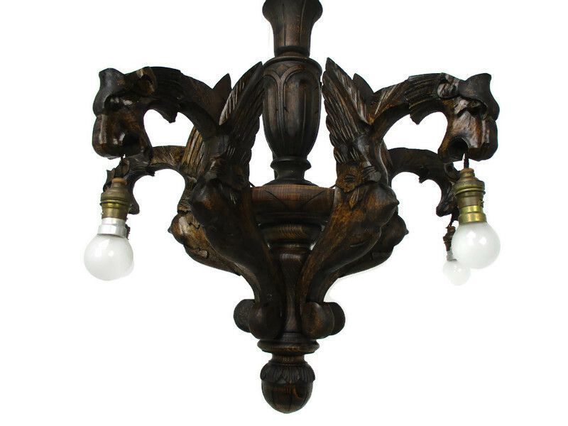 Gothic Hand Carved Wooden Ornate Chandelier 5 Arms Lights  Dragons  Wow