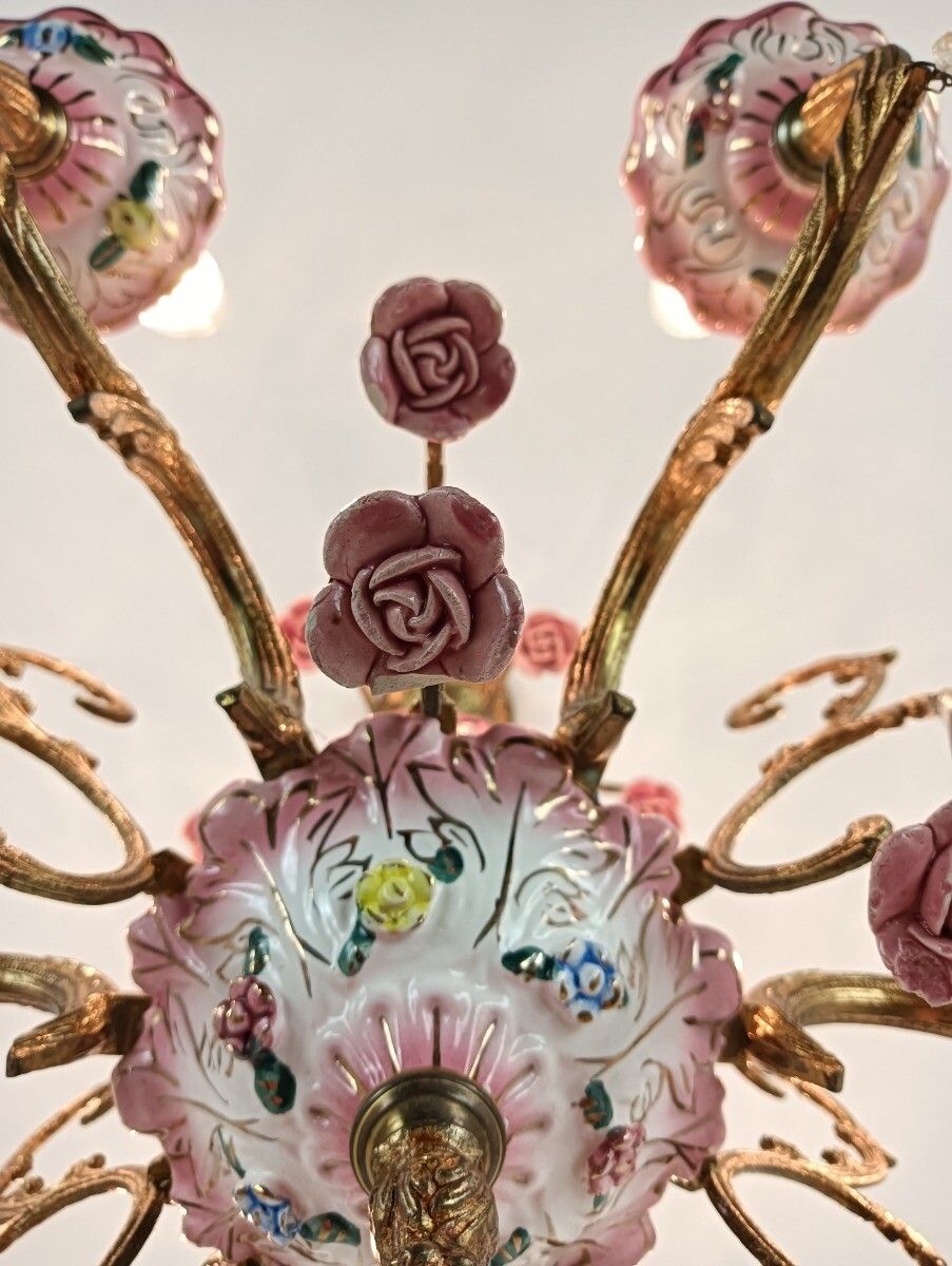photo furniture Chandelier Romantic Vintage Porcelain Small Pink Flowers 6 Lights Arm Italy