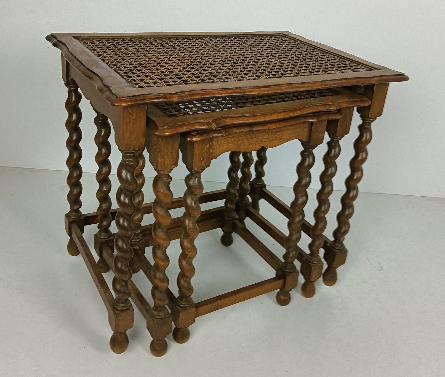 Set Of 3 Barley Twist Wooden Nesting Stacking Side Tables Rush Tops Barn Country photo for sale