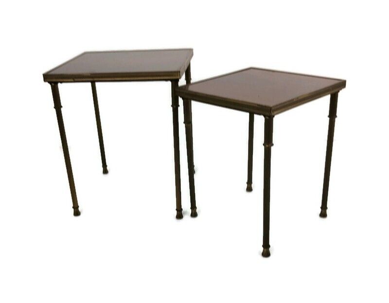 2 Modernist Nesting Stacking Coffee Side Tables Brown Veneer Brass Legs Mid Cent