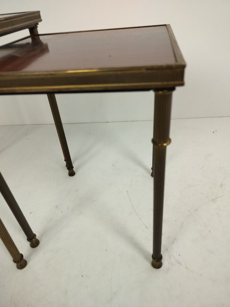 2 Modernist Nesting Stacking Coffee Side Tables Brown Veneer Brass Legs Mid Cent photo furniture