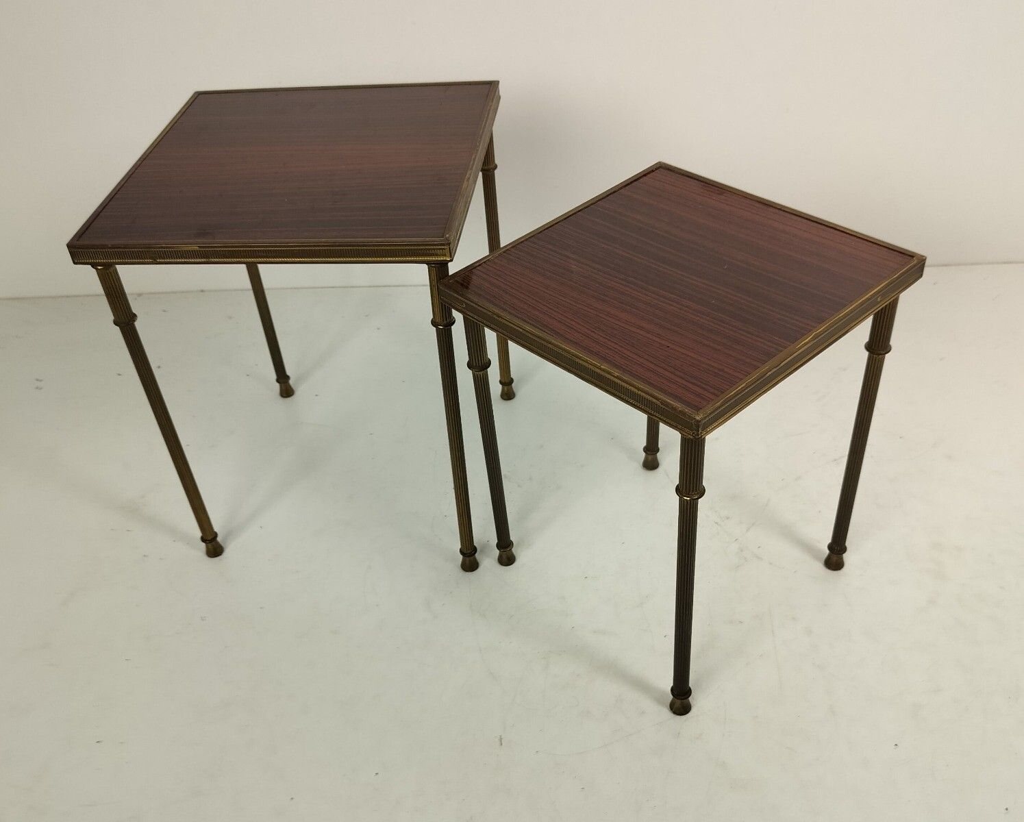 2 Modernist Nesting Stacking Coffee Side Tables Brown Veneer Brass Legs Mid Cent photo for sale