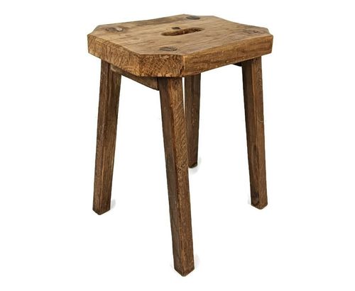 Funky Antique Milking Stool Plant Stand Pedestal Carved Wood, France Rustic Side