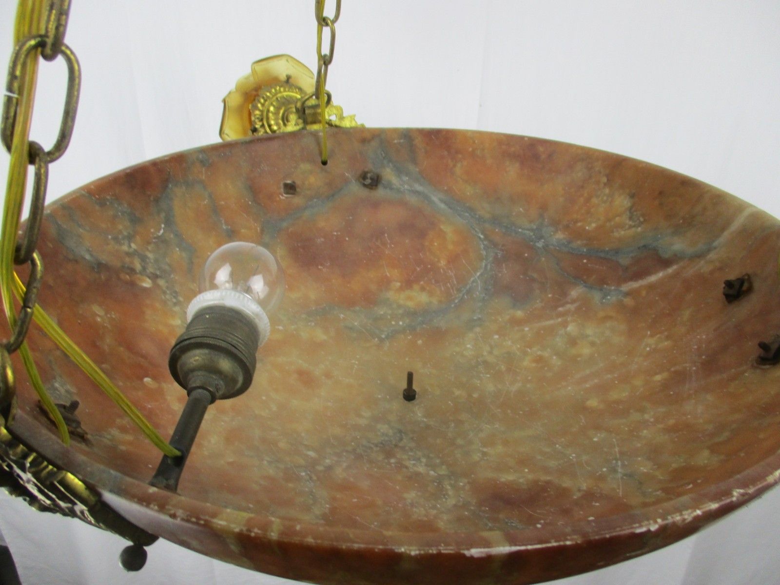 Art Nouveau Pendant Chandelier Alabaster Amber Flower Shades 4 Lights Ormolu photo Lighting