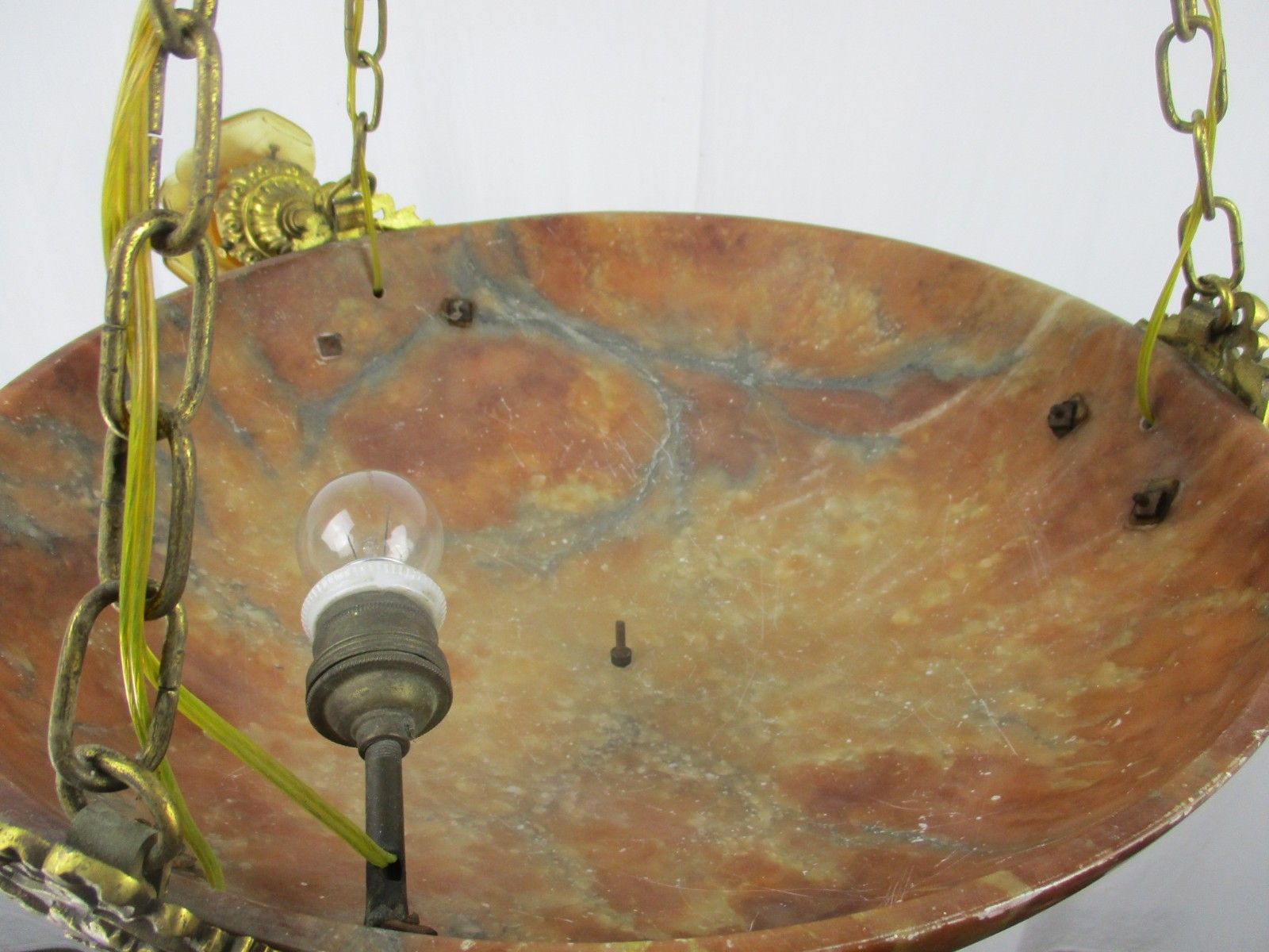 Lighting Art Nouveau Pendant Chandelier Alabaster Amber Flower Shades 4 Lights Ormolu photo