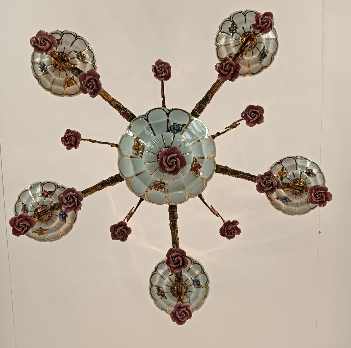 Italian Porcelain Brass Chandelier White Pink Small Flowers 6 Lights Arm Vintage photo buy