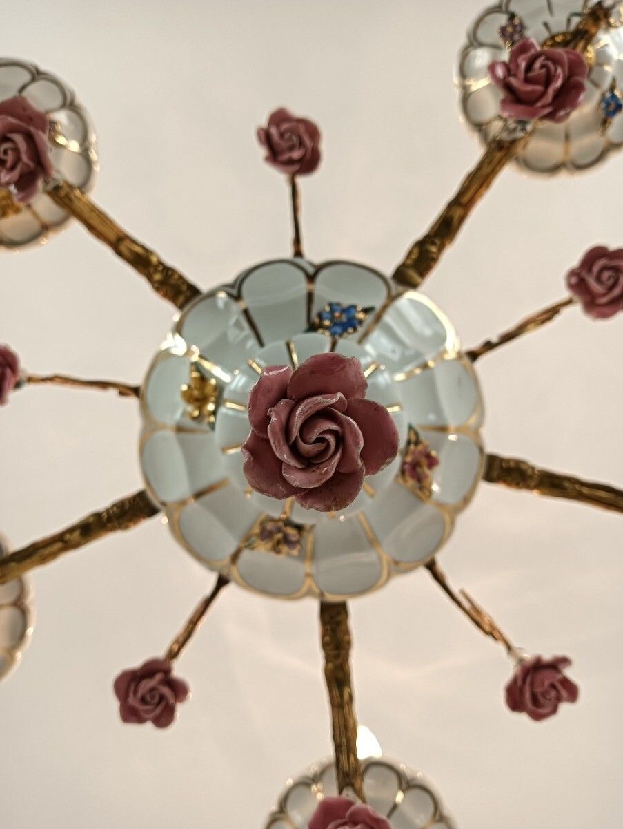 photo for sale Italian Porcelain Brass Chandelier White Pink Small Flowers 6 Lights Arm Vintage