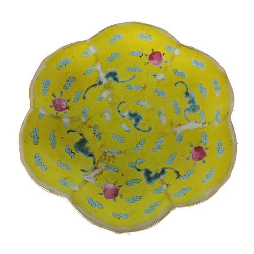 Small Antique Dish Centerpiece Porcelain Chinese Enamel Marked Yellow