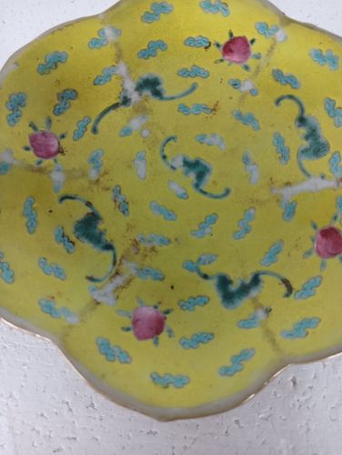 Small Antique Dish Centerpiece Porcelain Chinese Enamel Marked Yellow photo furniture