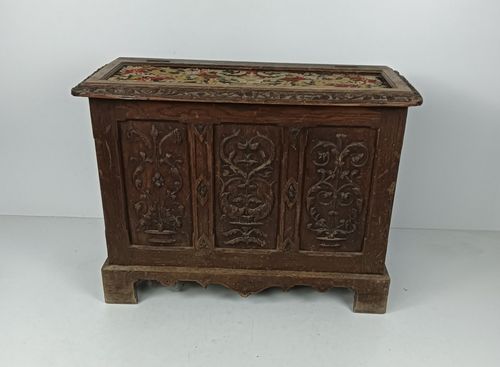 Antique 19th Century Ornate Carved Wooden Box Chest Trunk Tapestry Stunning Wow photo furniture