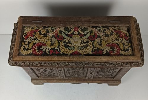 Antique 19th Century Ornate Carved Wooden Box Chest Trunk Tapestry Stunning Wow photo 973.0