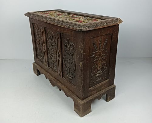 Antique 19th Century Ornate Carved Wooden Box Chest Trunk Tapestry Stunning Wow photo vintage