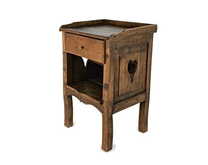 Antique French Country 19th Century Oak  Bedside Table Nightstand Drawer Heart D