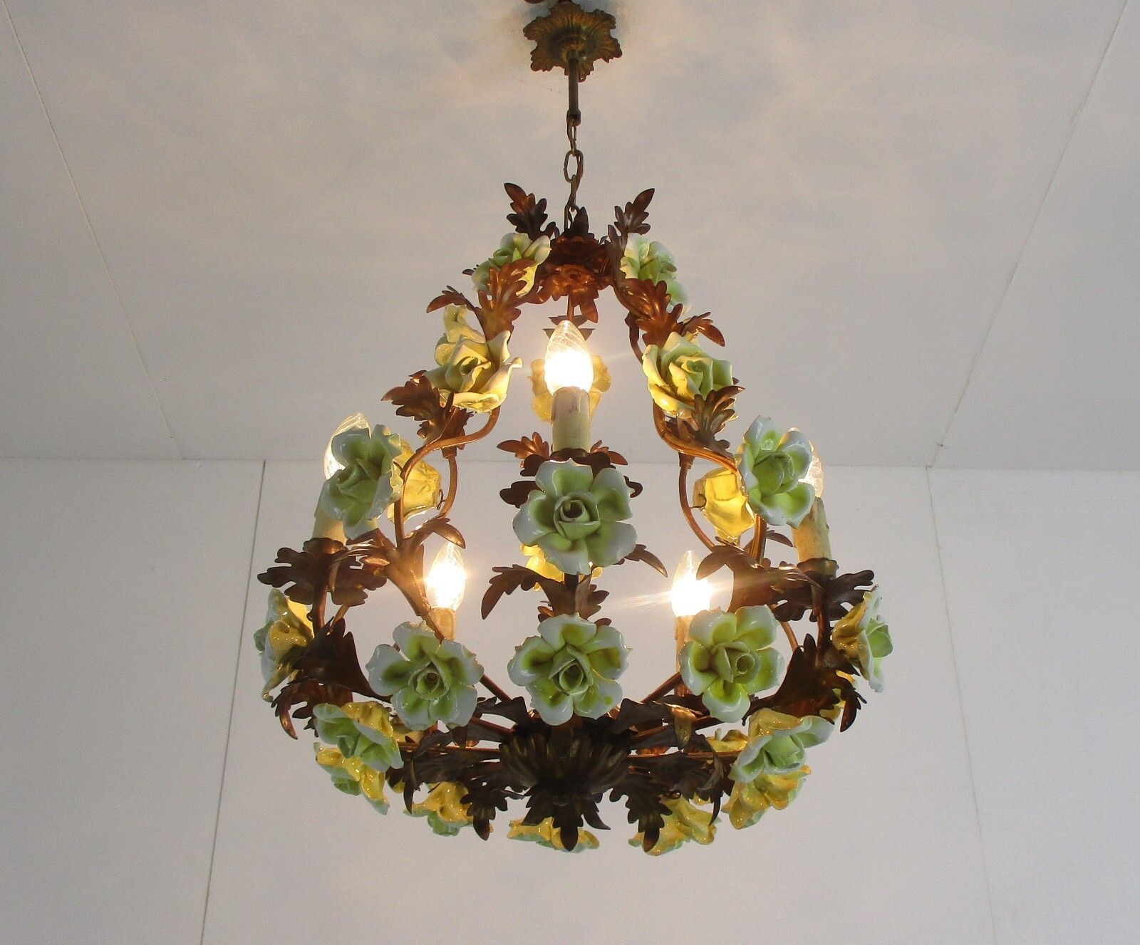 Italian Chandelier 5 Arm Lights Ornate Faux Brass Porcelain Flowers  Wow photo for sale