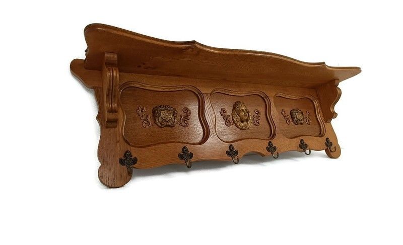 Hand Carved Wood Coat Hat Rack Ornate Breughel Style Faces Shield 30s 40s