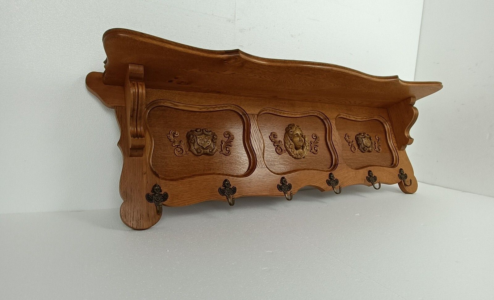Hand Carved Wood Coat Hat Rack Ornate Breughel Style Faces Shield 30s 40s photo for sale