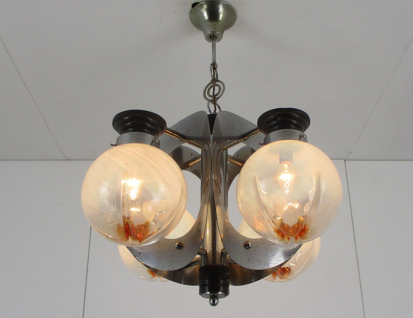 Design Mazzega Murano Chandelier 5 Lights Art Glass Chrome Space Age Italian photo for sale