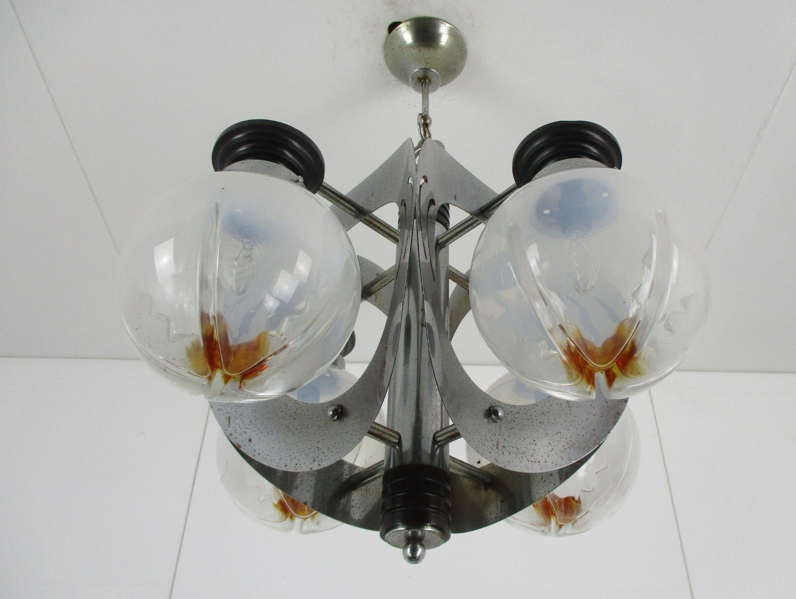 Design Mazzega Murano Chandelier 5 Lights Art Glass Chrome Space Age Italian photo vinterior