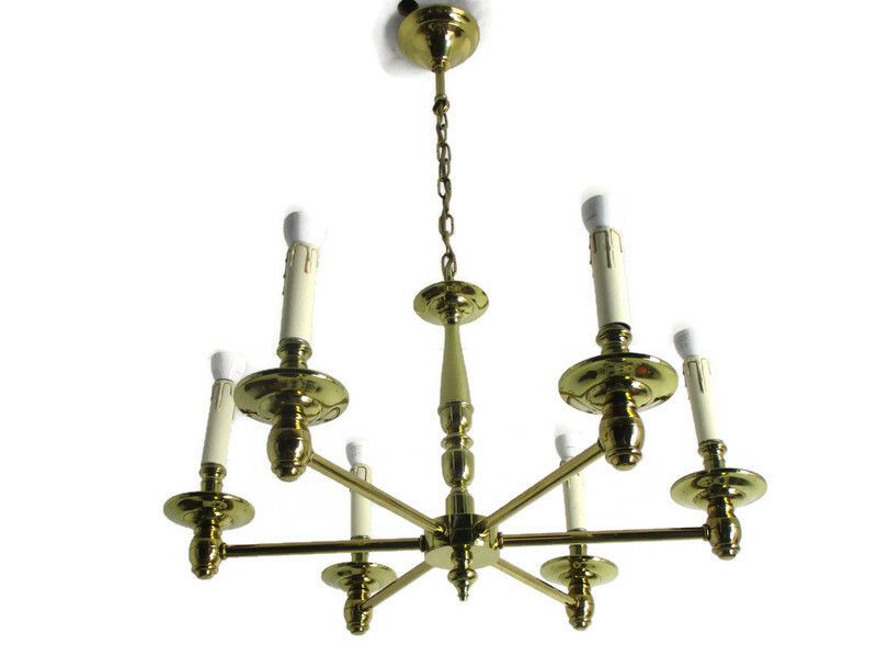 Stunning Chandelier 6 Lights Heavy Brass Hollywood Regency Ornate  70s Vintage