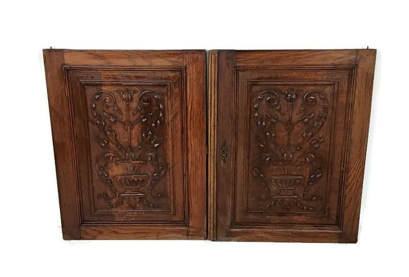 Pair Antique Door Panels Carved Wood  Flowers Baskets Architectural Reclaimed Sa