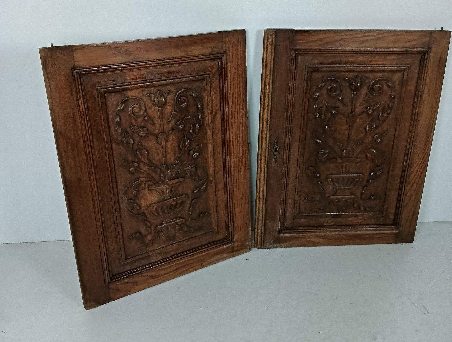 Pair Antique Door Panels Carved Wood  Flowers Baskets Architectural Reclaimed Sa photo for sale
