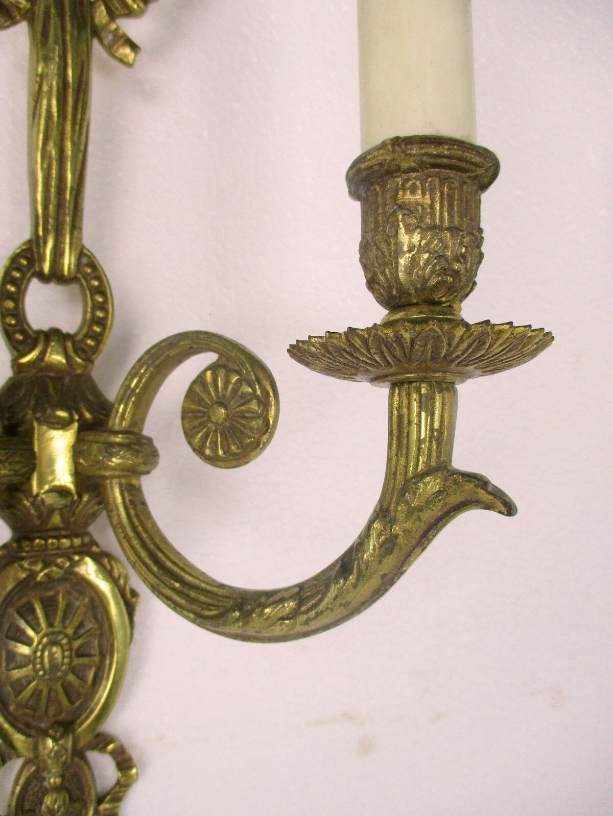 Pair Couple Vintage Ornate  Brass  Two Arm Double Wall Sconces Bows Lovely photo 182.0