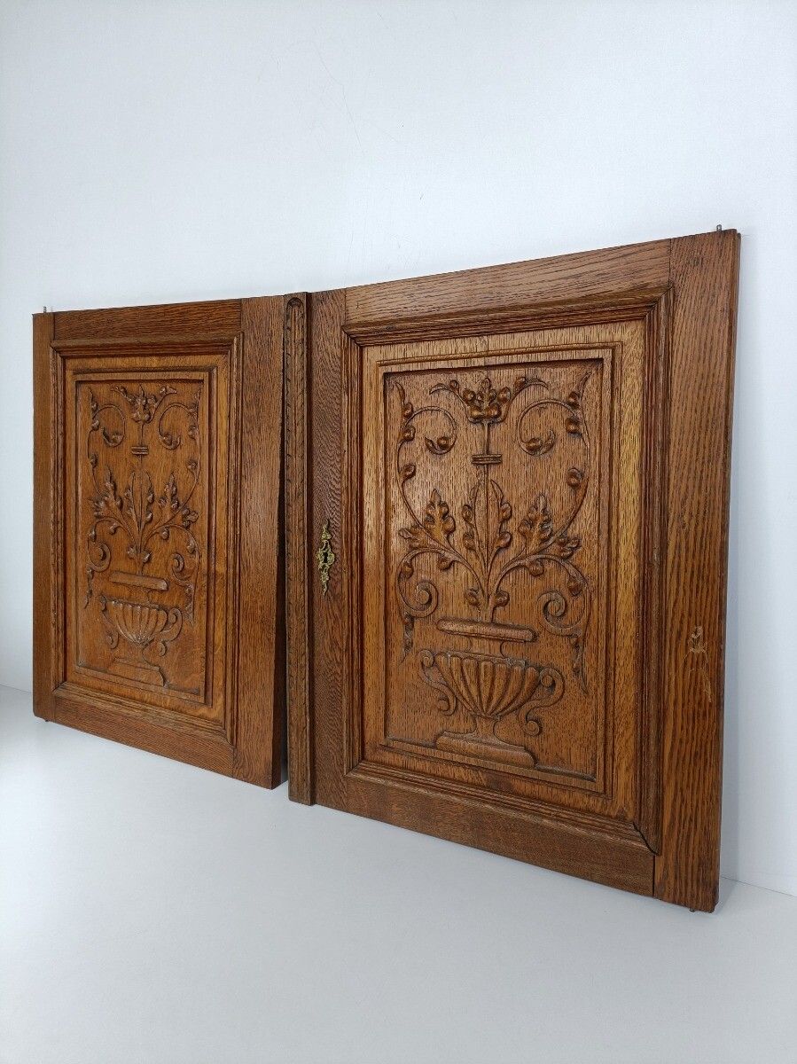 Pair Antique Hand Carved Wood Door Panels Flower Baskets Reclaimed Architectural photo for sale