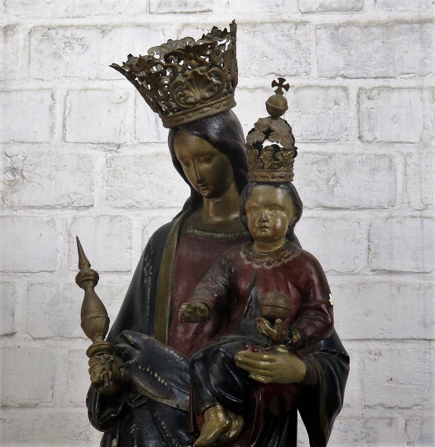 Antique Polychrome Madonna Infant Child Statue Church Plaster Collector 33.85" photo furniture