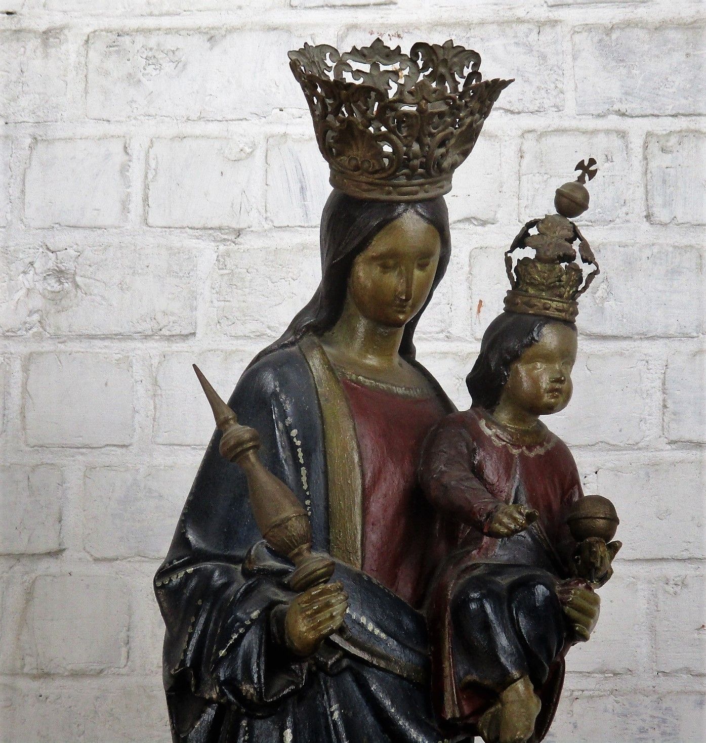 Antique Polychrome Madonna Infant Child Statue Church Plaster Collector 33.85" photo for sale