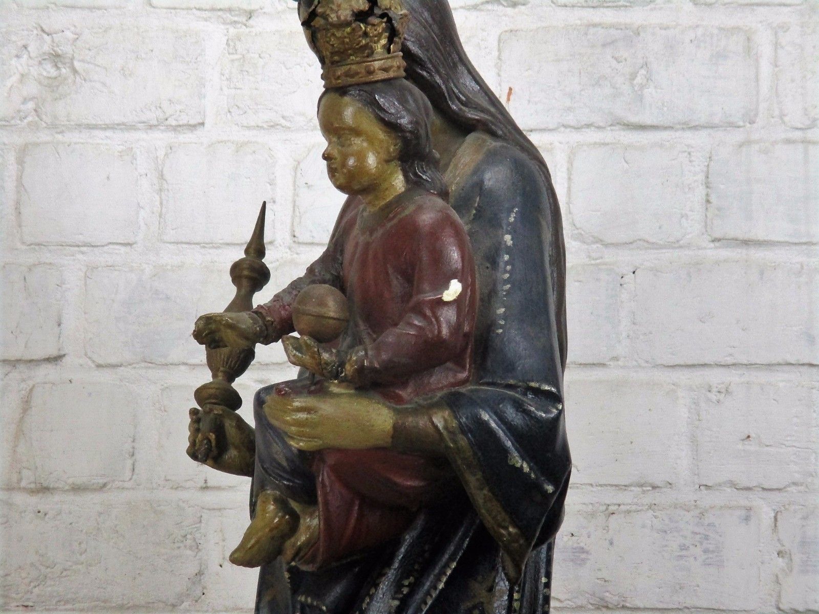 Antique Polychrome Madonna Infant Child Statue Church Plaster Collector 33.85" photo vinterior
